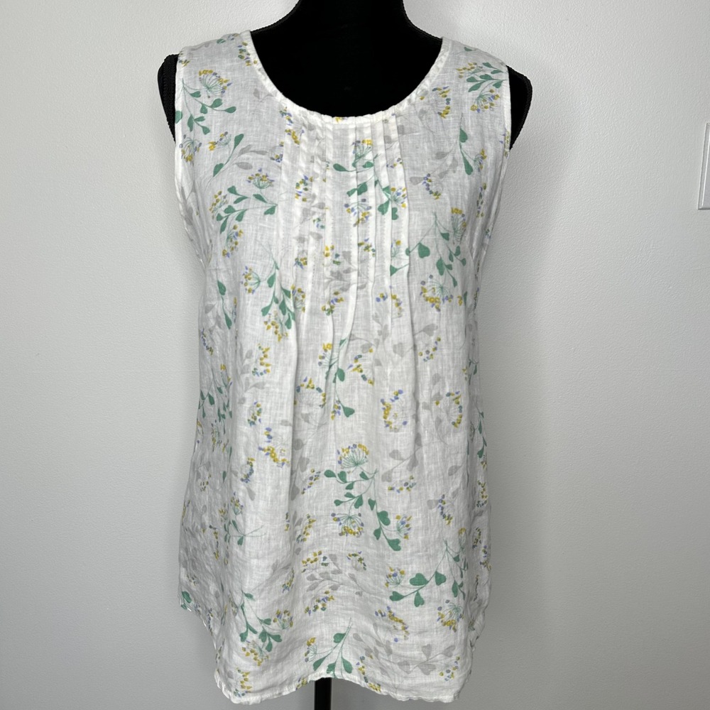 Laura Bianchi Sleeveless Top Size S White Floral Linen Pintuck Boho‎